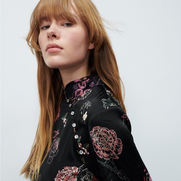 ZARA Asian Style Floral Black Long Sleeve Dress New With Tags - Picture 4 of 10